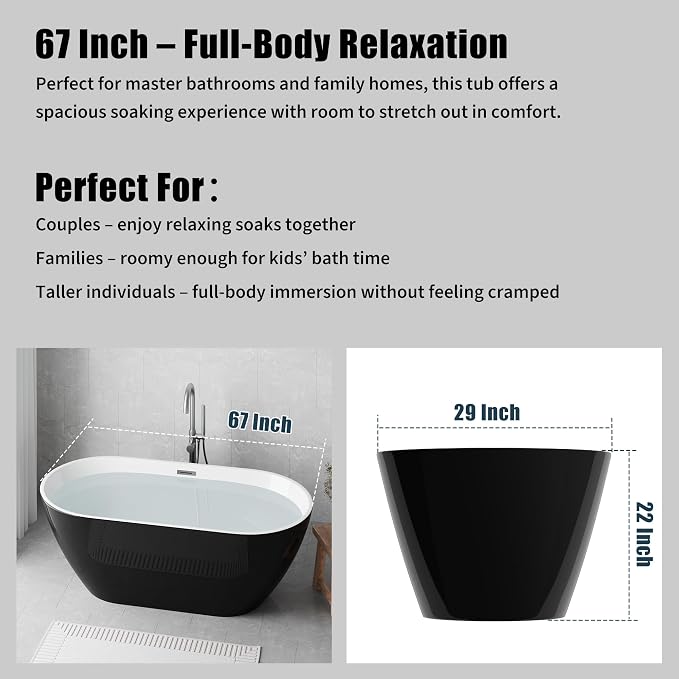 67 in Acrylic Freestanding Bathtub, Contemporary Stand Alone Tub, Glossy Black - Image 2