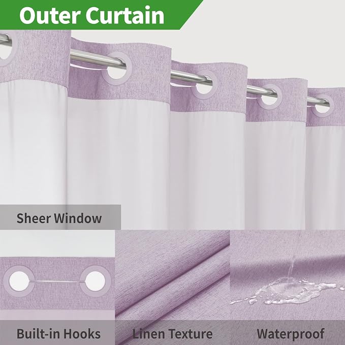 Long No Hooks Needed Linen Textured Shower Curtain - Image 3