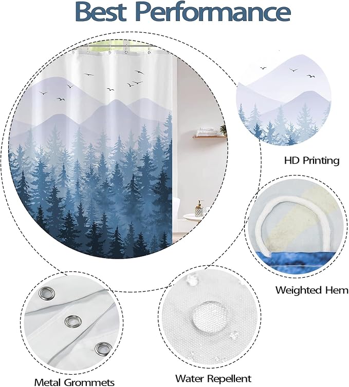 Aipon Blue Misty Forest Shower Curtain Ombre Nature Tree Plants Shower Curtains - Image 6