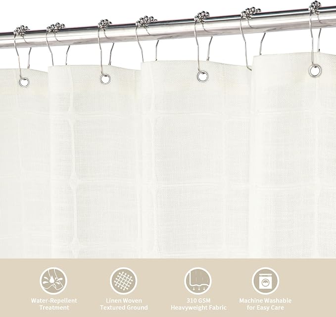 MitoVilla Modern Farmhouse Shower Curtain Set, Off White Boho Cloth Shower - Image 3