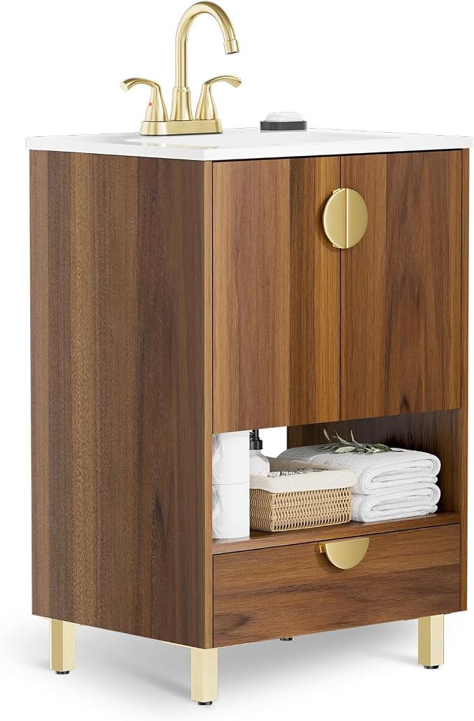 phiestina Walnut 24 Inch Bathroom Vanity, Fully Pre-Assembled Freestanding by Phiestina