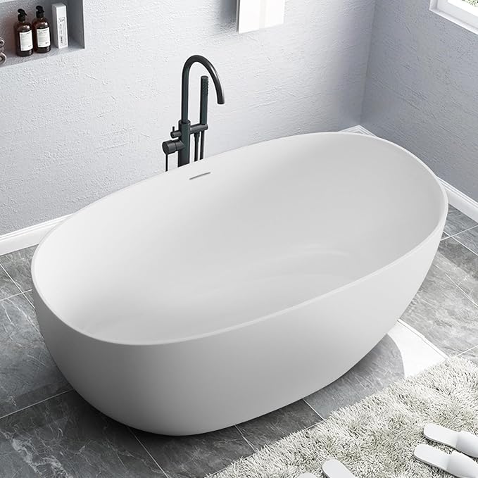 Stone Resin Freestanding Bathtubs, Soklawah 59" Solid Surface Luxury Soaking Tub - Image 6