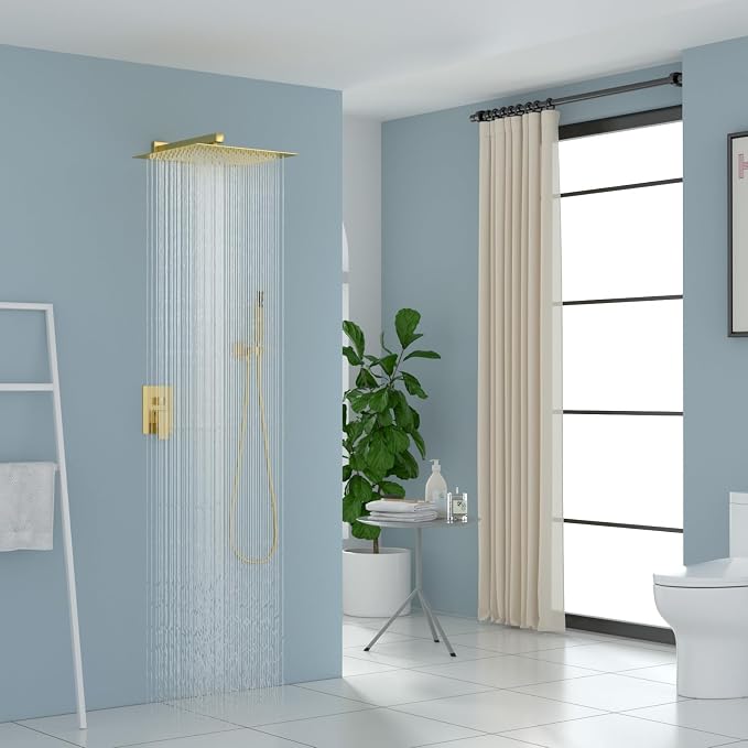 Lordear 12 Inch Rainfall Shower System Wall Mounted Shower Head Faucet Set Gold - Image 2