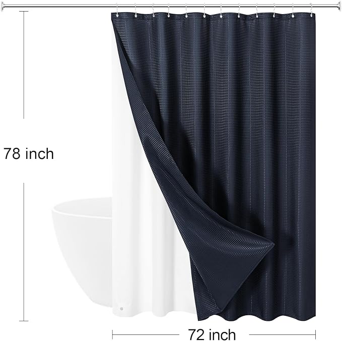 3 in 1 Long Navy Blue Shower Curtain Set-72 W x 78 H, Modern Waffle and PEVA - Image 8