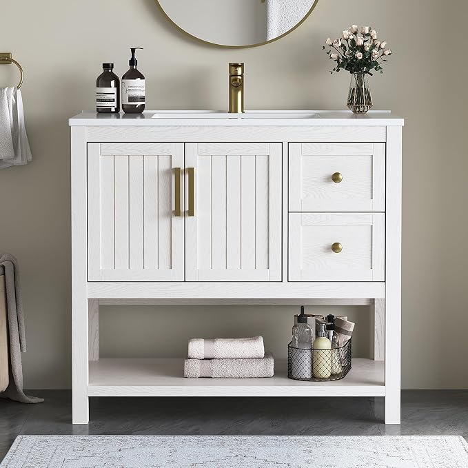 36" Bathroom Vanity with Sink, Bathroom Sink Cabinet with 2 Drawers & Open Shelf by DELUXELIVING