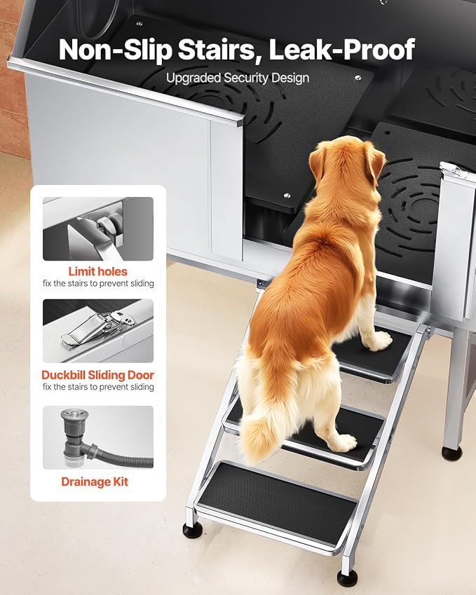VEVOR Stainless Steel Dog Washing Station, 50 inch Pet Grooming Tub w/Stairs - Image 3