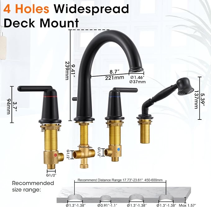 Roman Tub Faucet with Sprayer, Classic Bath Faucet Set with Brass Valve - Image 7