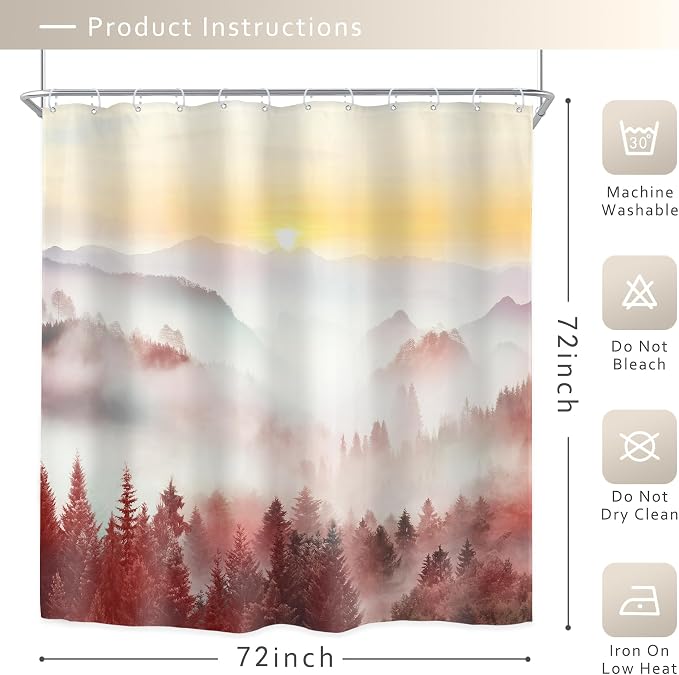 Riyidecor Misty Mountain Shower Curtain 72Wx72H Inch Red Sunrise Nature Scenery - Image 5