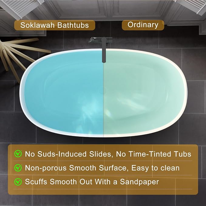 Stone Resin Freestanding Bathtubs, Soklawah 63" Solid Surface Luxury Soaking Tub - Image 3