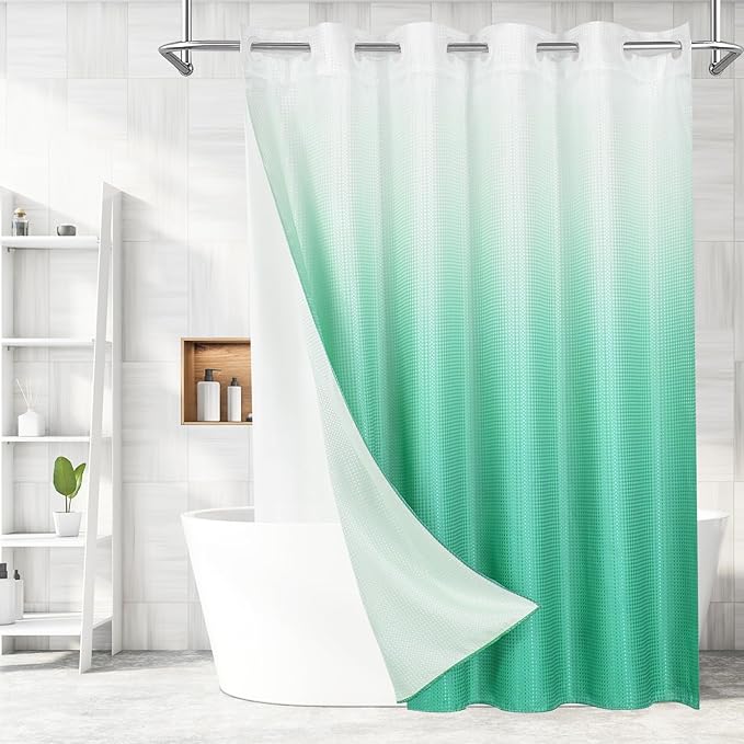 MitoVilla No Hooks Needed Turquoise Extra Long Shower Curtain Liner Set by MitoVilla