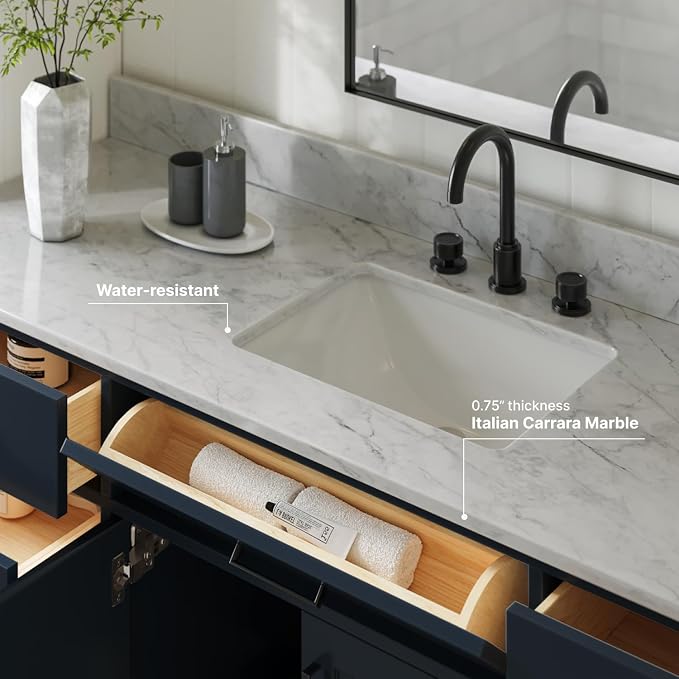 ARIEL 67" Midnight Blue Single Bathroom Vanity, Italian Carrara Marble - Image 4
