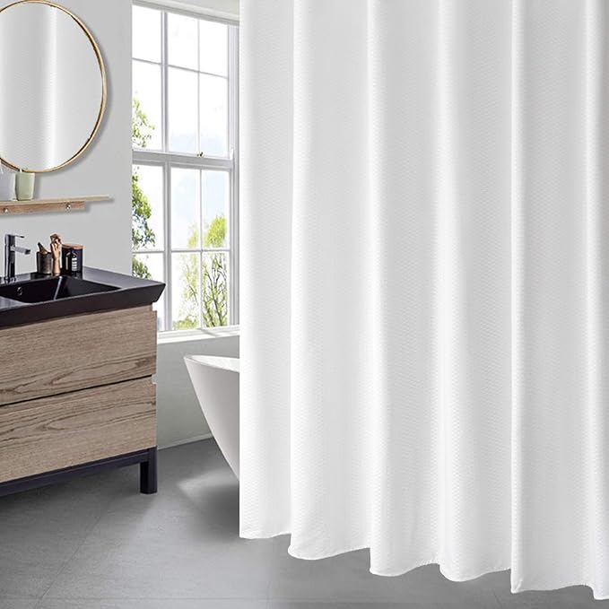 AooHome Heavy Duty Fabric Shower Curtain, Solid White Waffle Weave Bathroom - Image 2