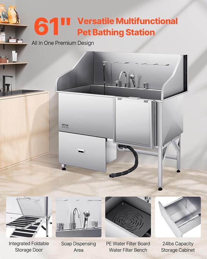 VEVOR Professional 304 Stainless Steel Dog Bathing Station, 61 inch Pet - Image 2
