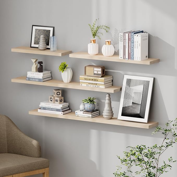 SAUMONIERES Floating Shelves 8 Inch Deep Solid Wood Wide Wall Shelf Set of 2 - Image 2