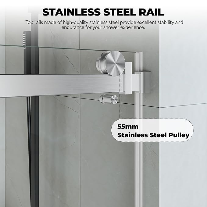 56-60" W x 76" H Frameless Shower Door, 1/4 Inch Clear Tempered Safety Glass - Image 5