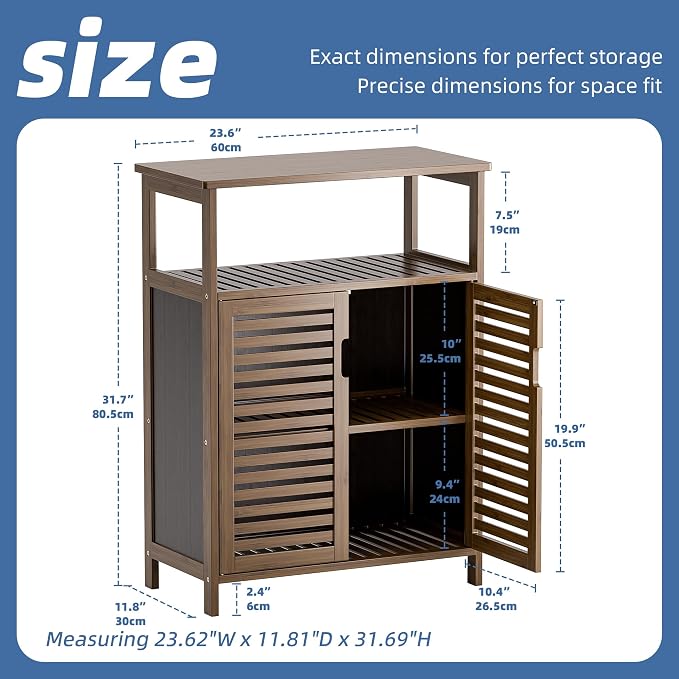 HITNET Walnut Bathroom Floor Cabinet, Bamboo Side Tall Storage Organizer - Image 3