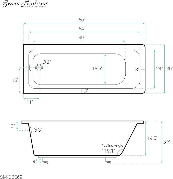 Swiss Madison Voltaire 60" x 30" Reversible Drain Drop-In Bathtub - Image 10