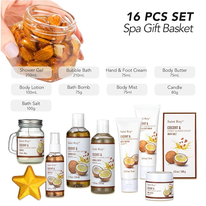 Spa Gift Basket Luxury Bath and Body Basket Set 17-Piece Coconut Honey Almond - Image 8