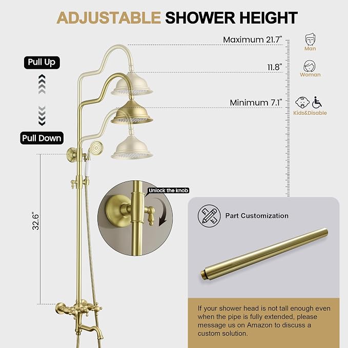 Exposed Shower System Brushed Gold, Antique Brass Shower Faucet Set - Image 4