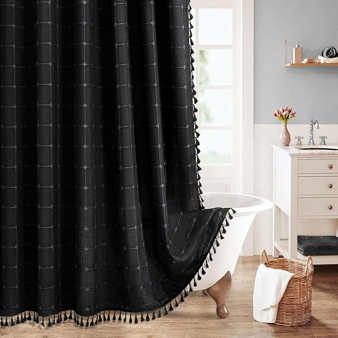 MitoVilla 72 x 84 Black Boho Extra Long Shower Curtain, Modern Farmhouse 84 by MitoVilla