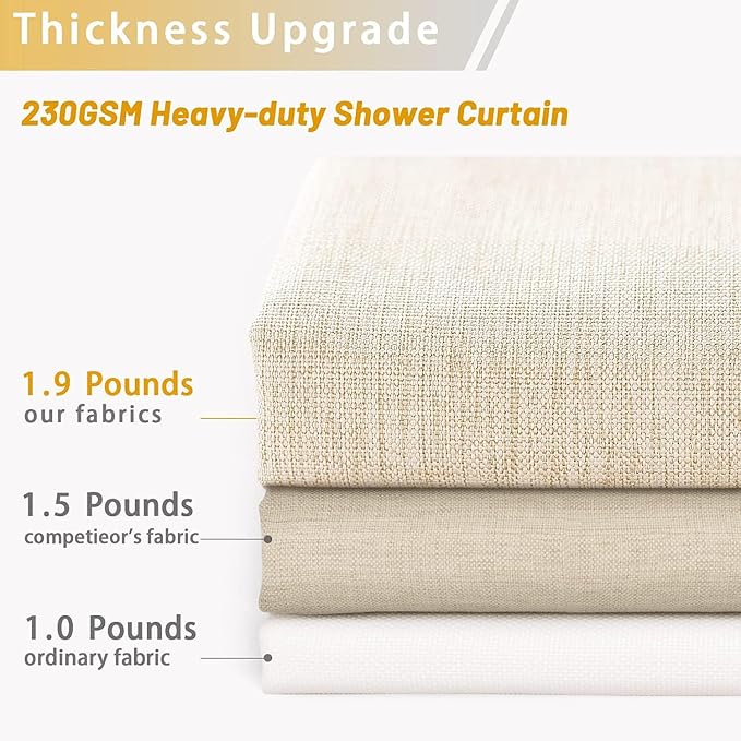 Linen Ivory Shower Curtain Cream, Linen Textured Heavy Duty 230GSM Fabric - Image 5