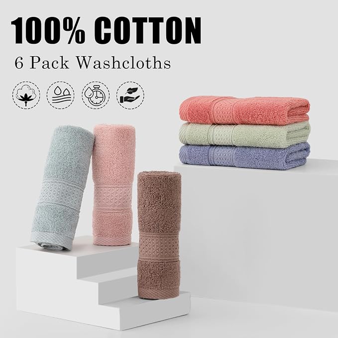 6 Pack 100% Cotton Washcloths Set, Highly Absorbent and Soft Feel Fingertip - Image 2