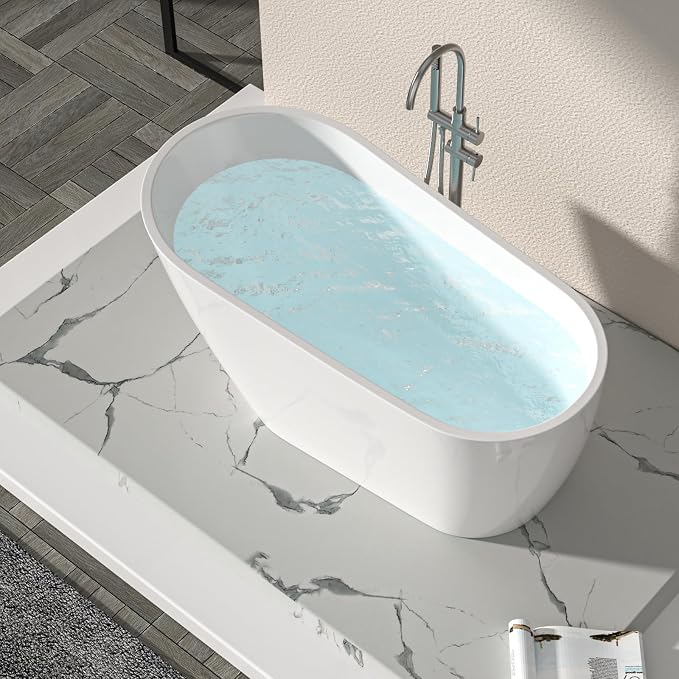 Logmey 59 Inch White Acrylic Freestanding Bathtub - Image 4