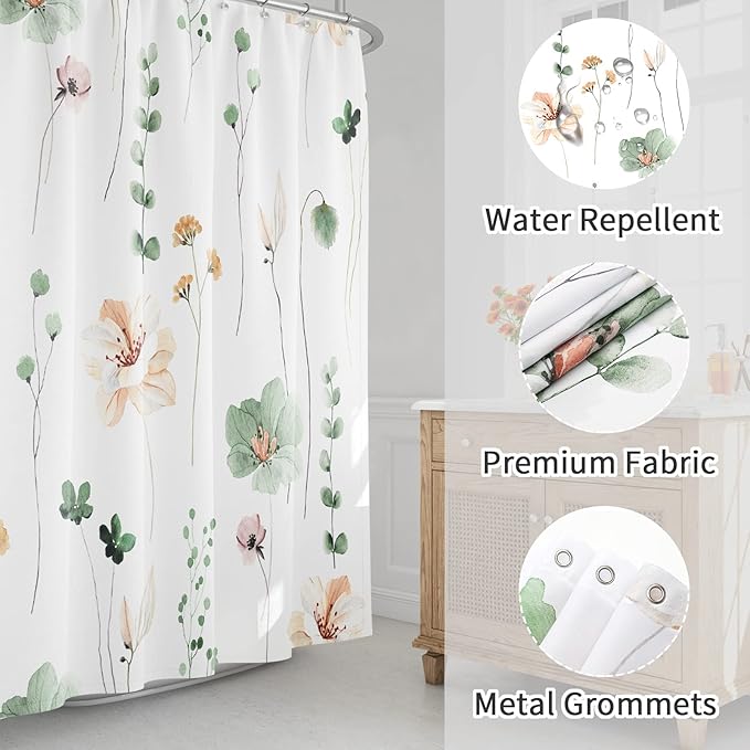 Gibelle Extra Long Shower Curtain 72 x 84, Watercolor Floral Fabric Shower - Image 3