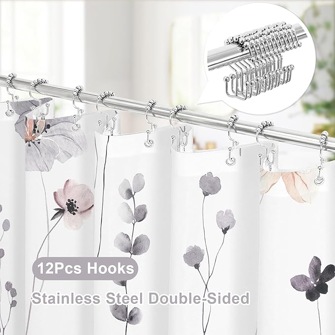 Gibelle 3 in 1 Shower Curtain Set, Charcoal Grey Watercolor Floral Bath Curtain - Image 3