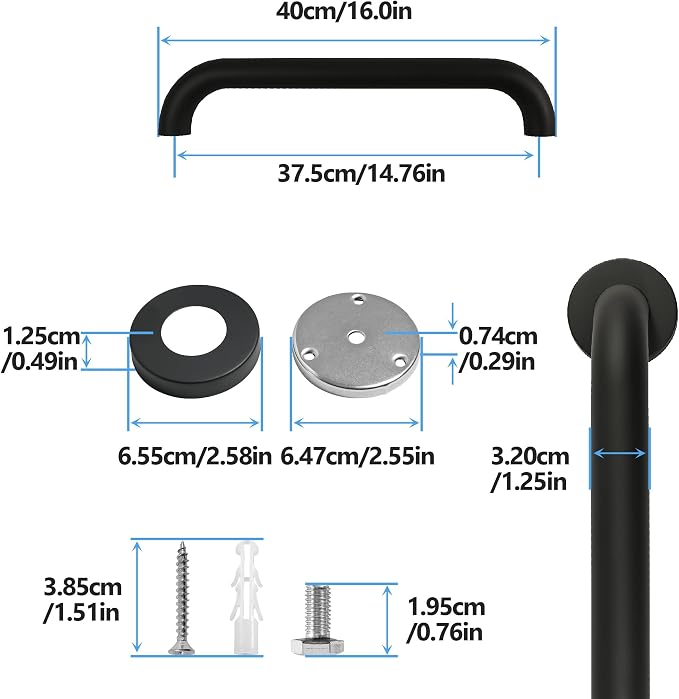 Shower Grab Bar, 2 Pack 16 Inch Black Bathroom Grab Bar, 1.25" Diameter 304 - Image 4