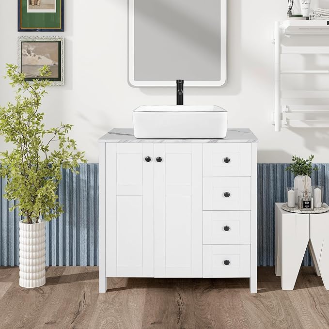 32" White Bathroom Vanity with Marble Texture Top and 4 Drawers, Modern - Image 7