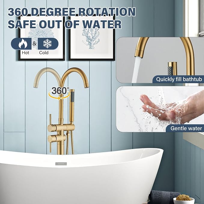 Brushed Gold Freestanding Bathtub Faucet - Image 4