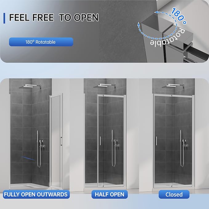 27-30" W x 72" H Pivot Swing Glass Shower Doors, 180° Rotating Retractable - Image 4