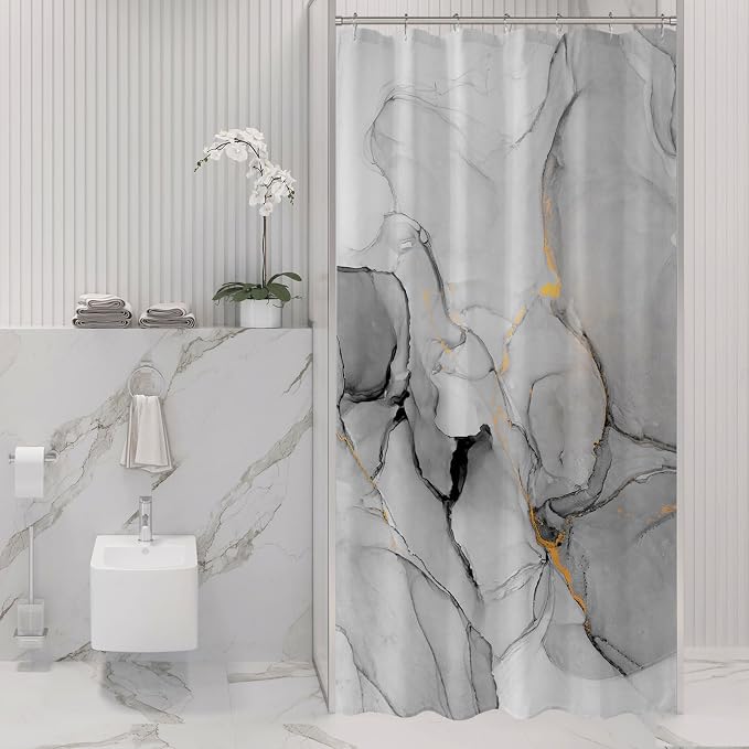 Gibelle Small Stall Shower Curtain 36 x 72, Narrow Half Abstract Grey Marble by Gibelle