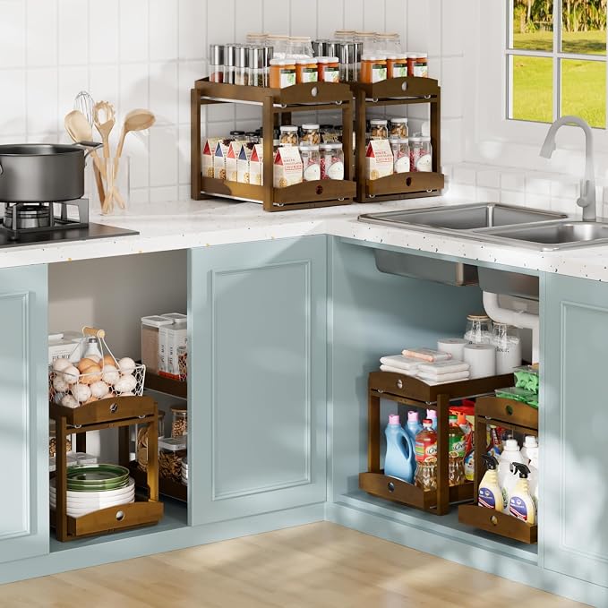 Bamboo Wood Under Sink Organizer 1 Pack, Pull Out Cabinet Organizer 2 Tier - Image 5