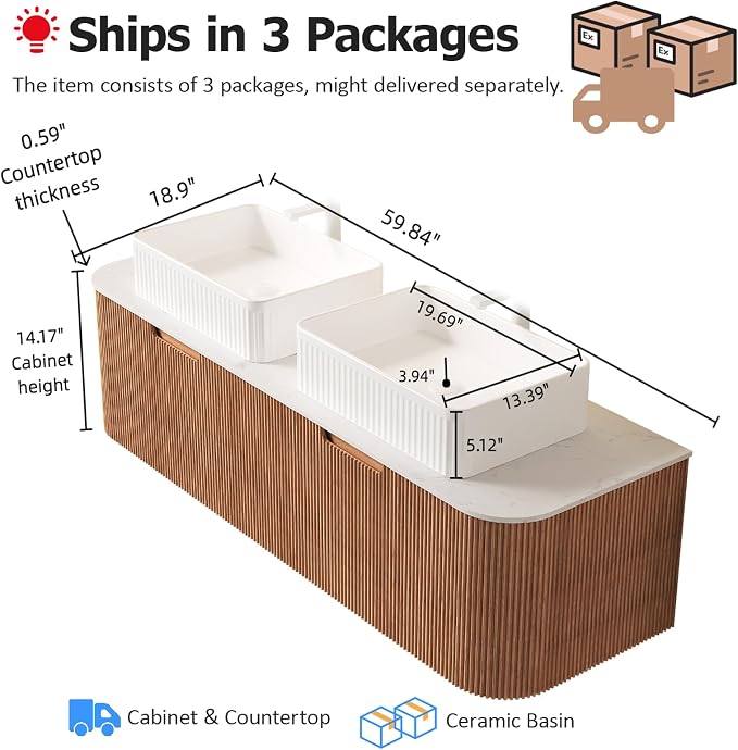 60 Inch Bathroom Vanity with Double Sink, Floating Bathroom Cabinet with White - Image 2