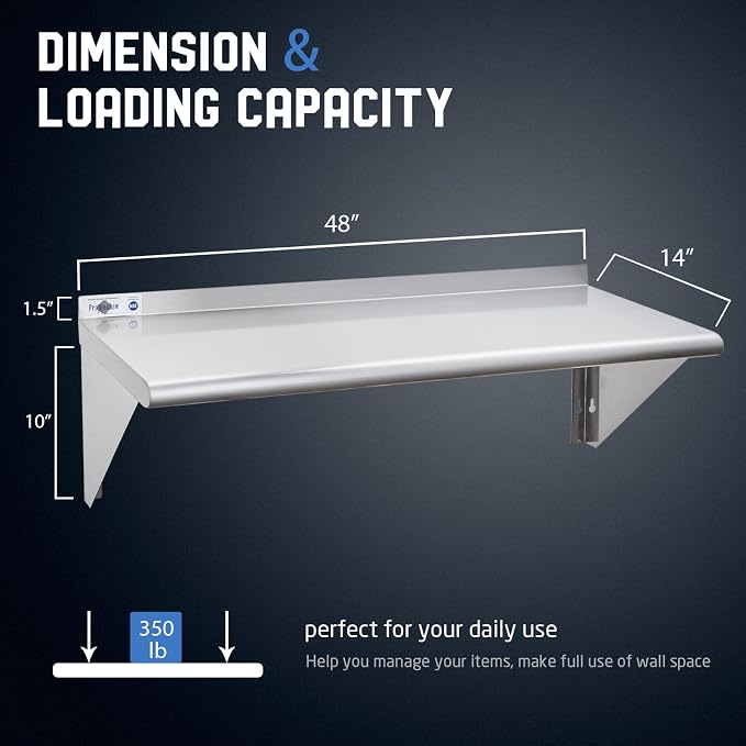 Profeeshaw NSF Stainless Steel Shelf 14” x 48”, 350 lb Commercial Shelves Wall - Image 3