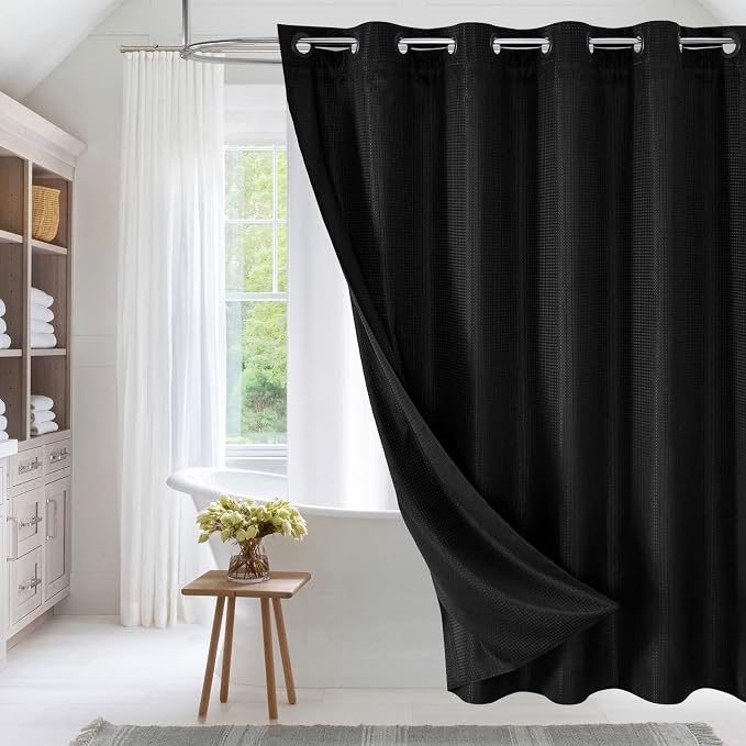 MitoVilla Black Waffle Long Shower Curtain Liner Set 72 x 80, No Hooks Needed by MitoVilla
