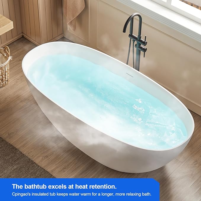 Cpingao 71" Stone Resin Freestanding Bathtub, Contemporary Oval Stand Alone - Image 4