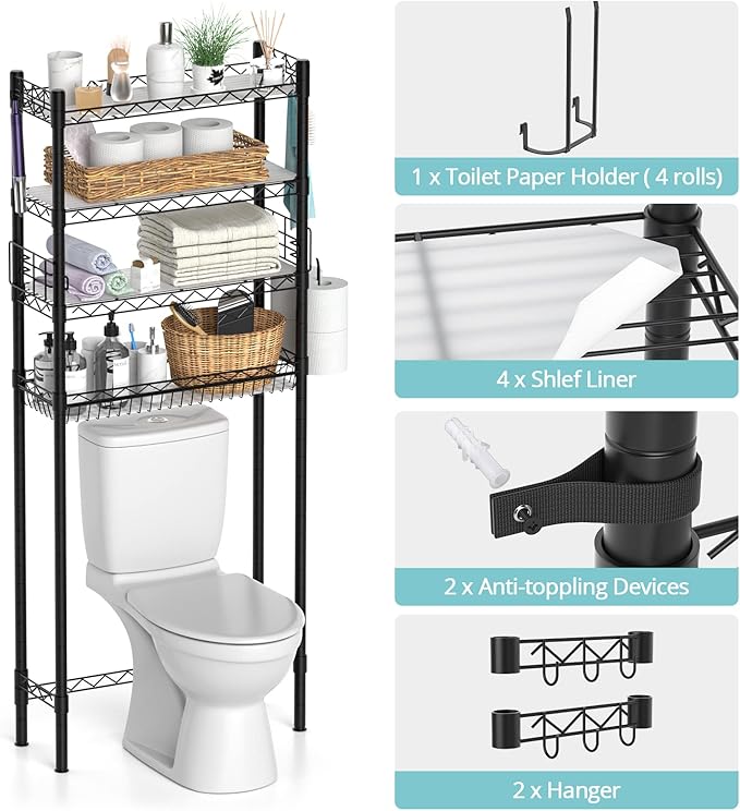 Over Toilet Bathroom Organizer, Adjustable 4-Tier Over The Toilet Storage Shelf - Image 6