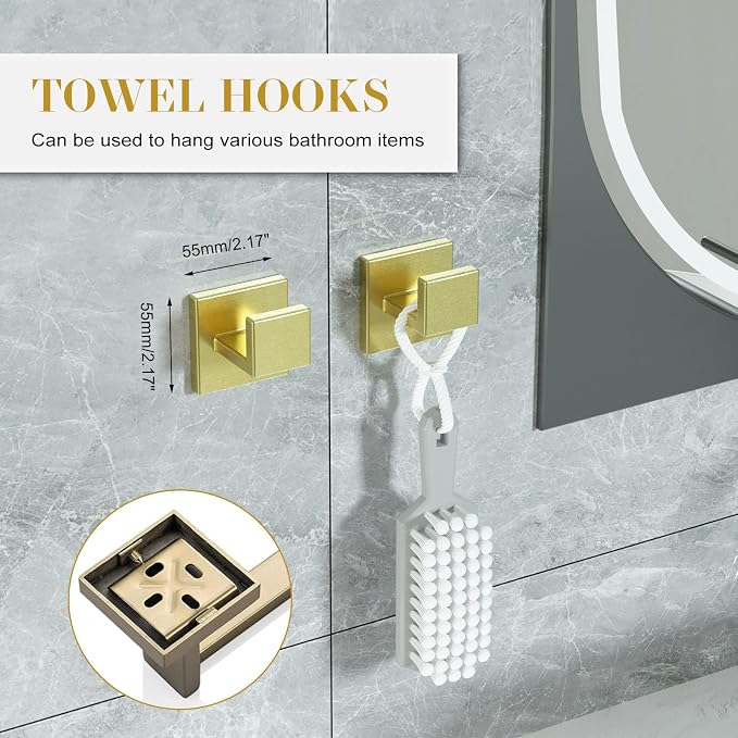 Bathroom Accessory Towel Bar Set: 10 Pieces Gold Bathroom Hardware Square - Image 5