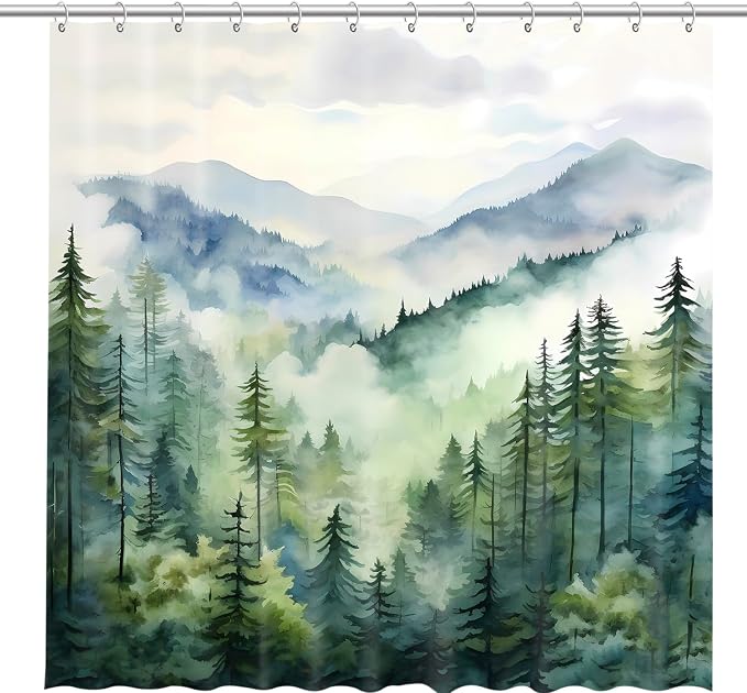 Coveted Goods 72" x 84" Mountain Forest Shower Curtain, Misty Pine Tree by Coveted+Goods