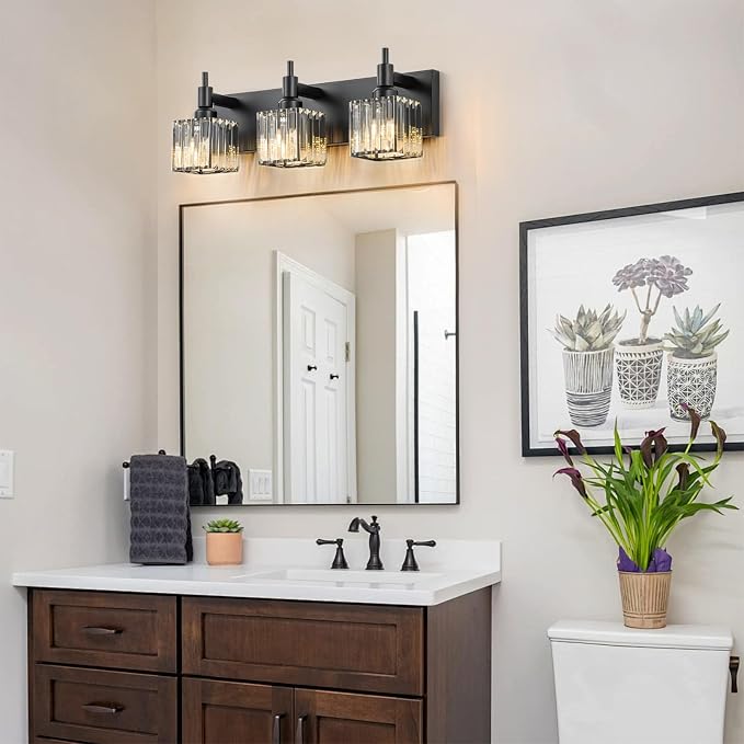 Black Crystal Bathroom Vanity Light 3-Light Modern Bathroom Lighting Fixtures - Image 5