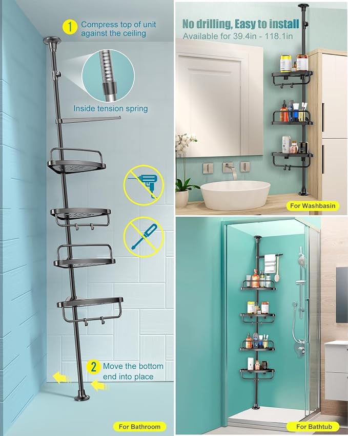 ADOVEL 4 Layer Corner Shower Caddy, Stainless Steel ​Constant Tension Pole - Image 6