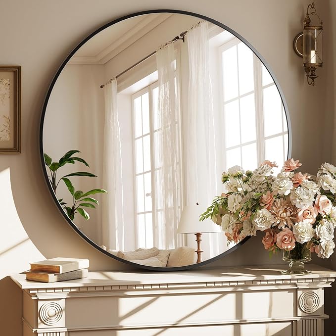 42 Inch Round Black Metal Wall Mirror by XRAMFY