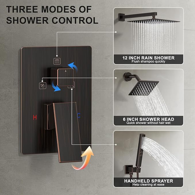 Shower Faucet Set, Wall Mount Shower System 12 and 6 Inch Dual Shower Head Set - Image 6