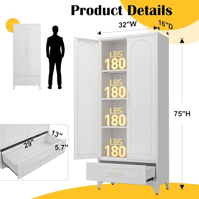 Metal Storage Cabinet with Drawers, 75Inch White Pantry Cabinets - Image 3