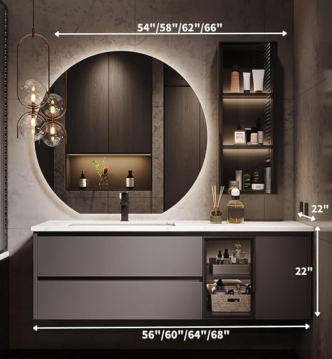 56" Bathroom Vanity with Sink, Modern Bathroom Vanity Include LED Smart Round - Image 2