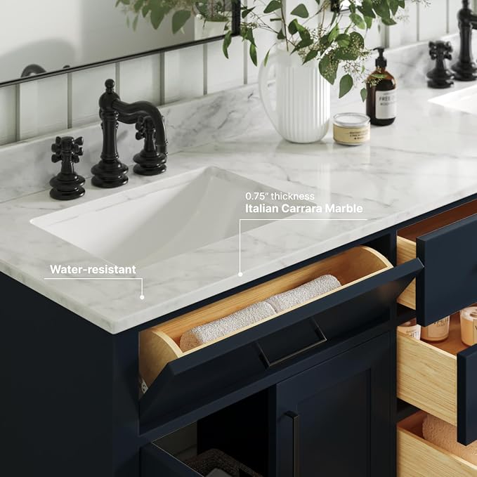 ARIEL Double Bathroom Vanity 73" Midnight Blue, Italian Carrara Marble - Image 4