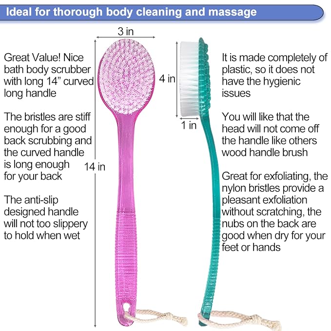 Back Brush for Shower, 14-inch Long Handle Medium Stiff Bristles Bath Scrubber - Image 2